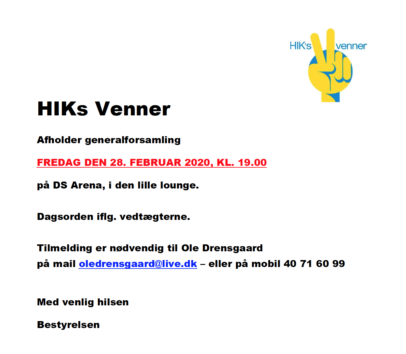 HIKs Venner indkalder til generalforsamling 28/2